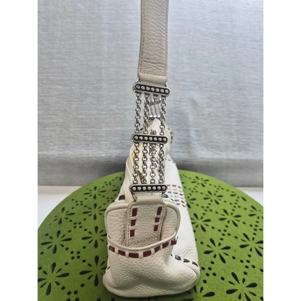 Brighton Barrel Shoulder Bag Womens White Pebble Leather Chain Strap Accents